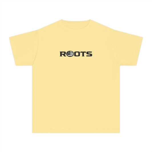Youth Tee — 'ROOTS' Front Logo & Distressed American Flag Heart Back