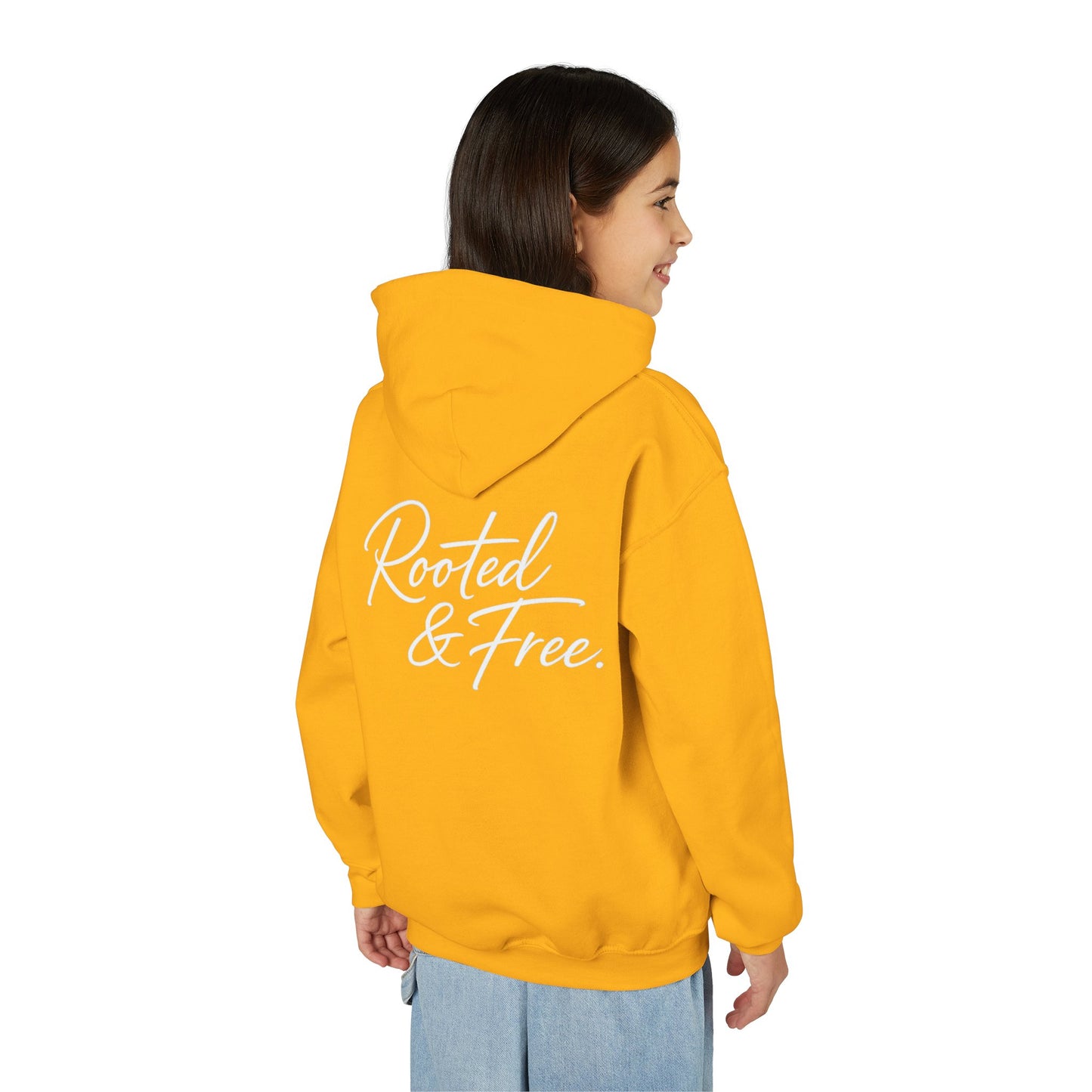 Youth Hoodie — "Rooted & Free" Script Back Design (Small Chest Logo)