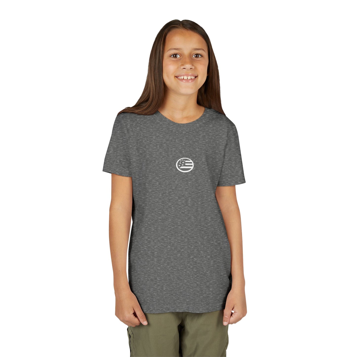 Youth Tee — "Rooted & Free" Script Back with Mini Crest Front