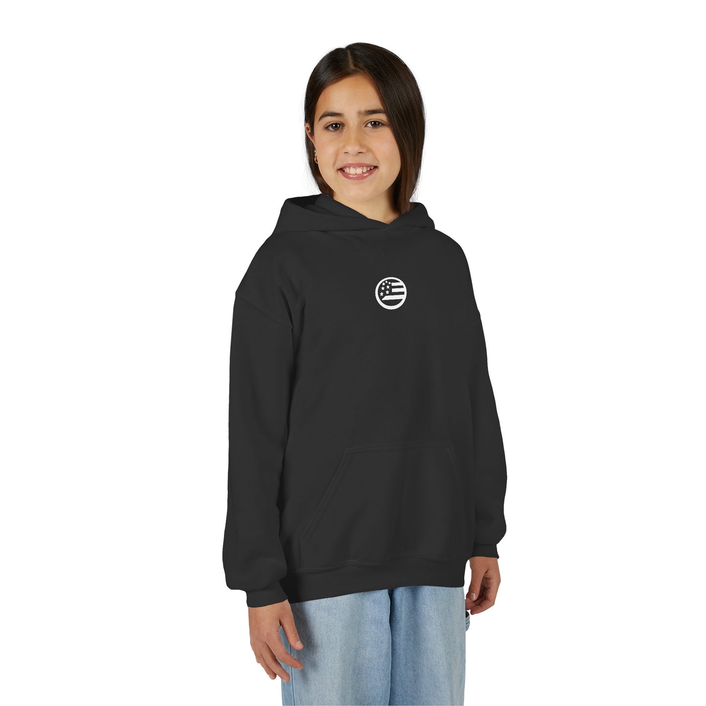 Youth Hoodie — "Rooted & Free" Script Back Design (Small Chest Logo)