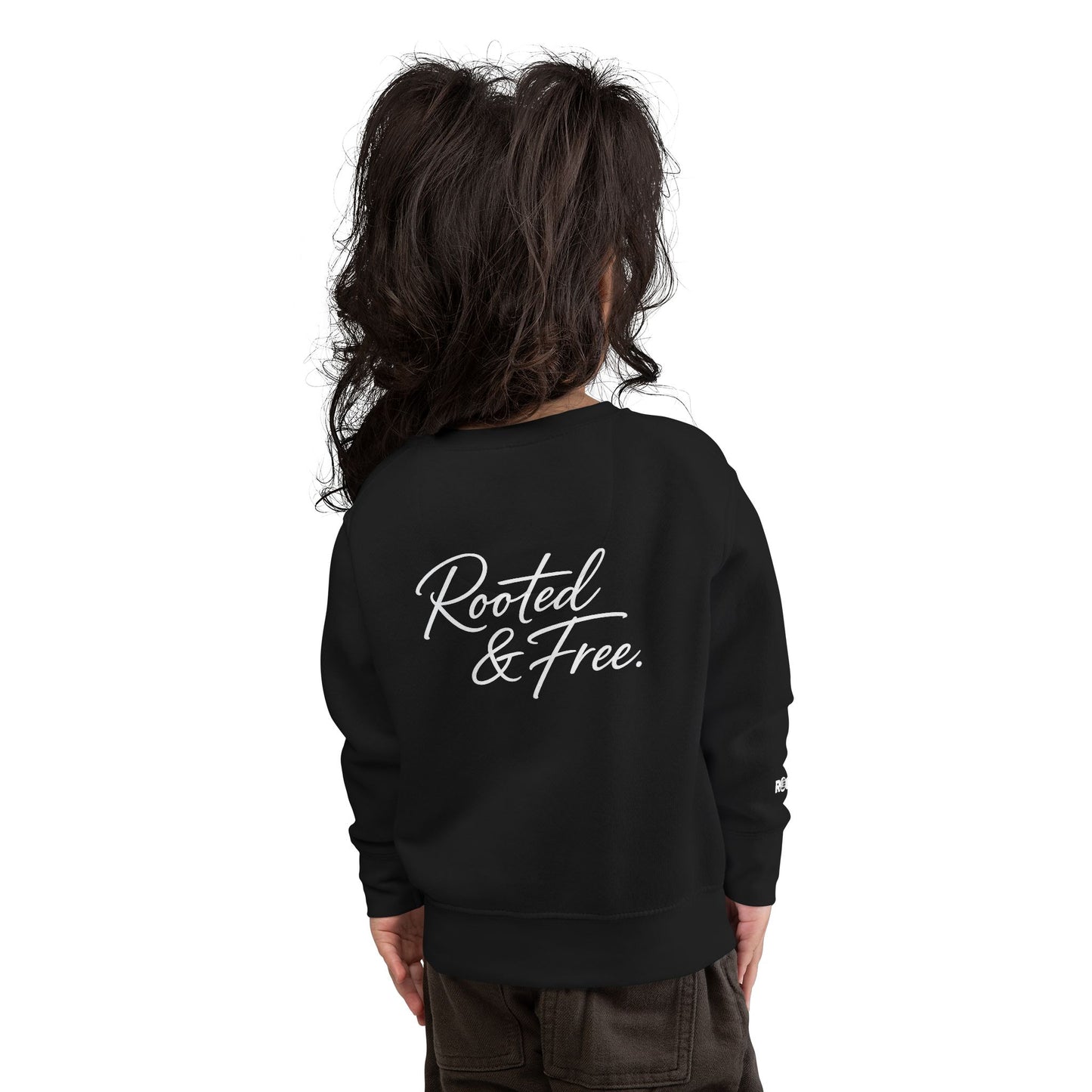 Rooted & Free Toddler Sweatshirt — Grey Cozy Crew with Script Back