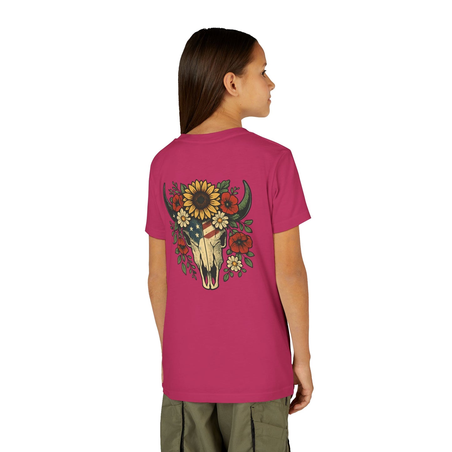 Youth Tee — Floral Bull Skull Graphic "Roots" Backprint