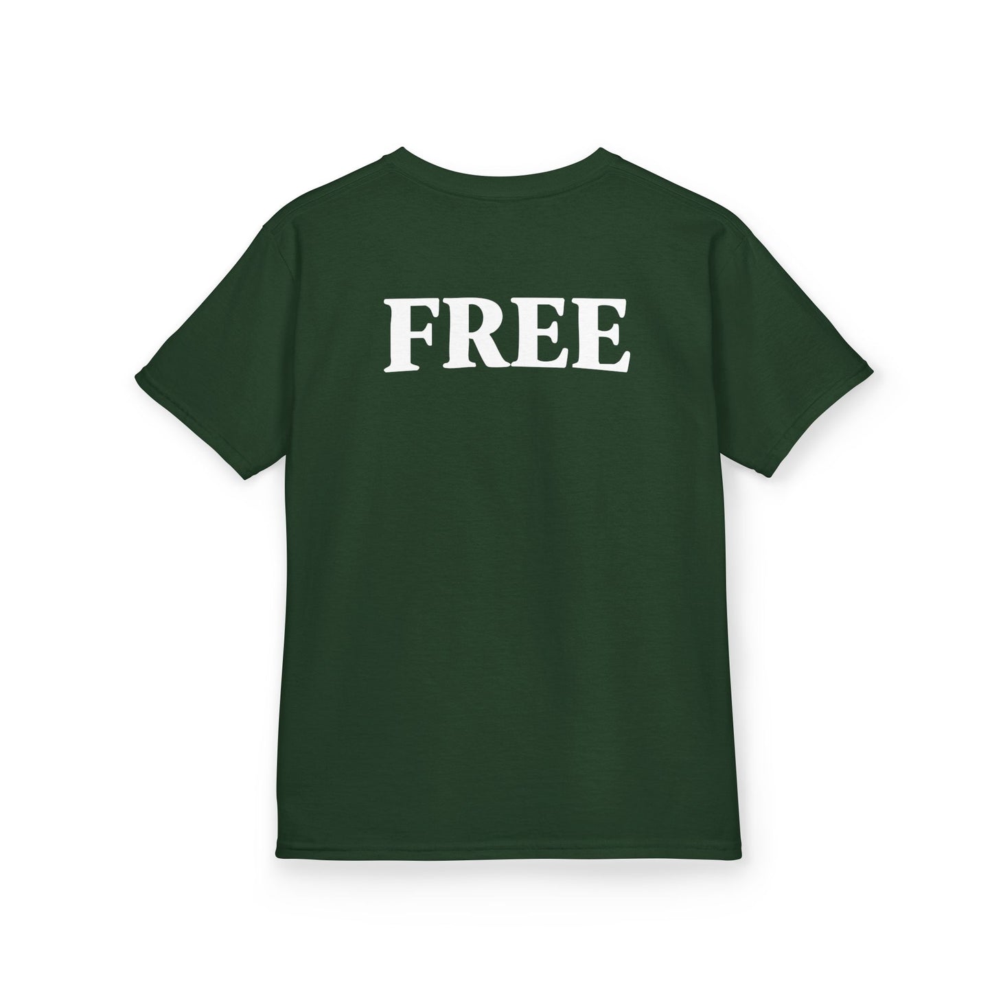 Kids Tee — 'ROOTS' Front / 'FREE' Back Forest Green Graphic Shirt