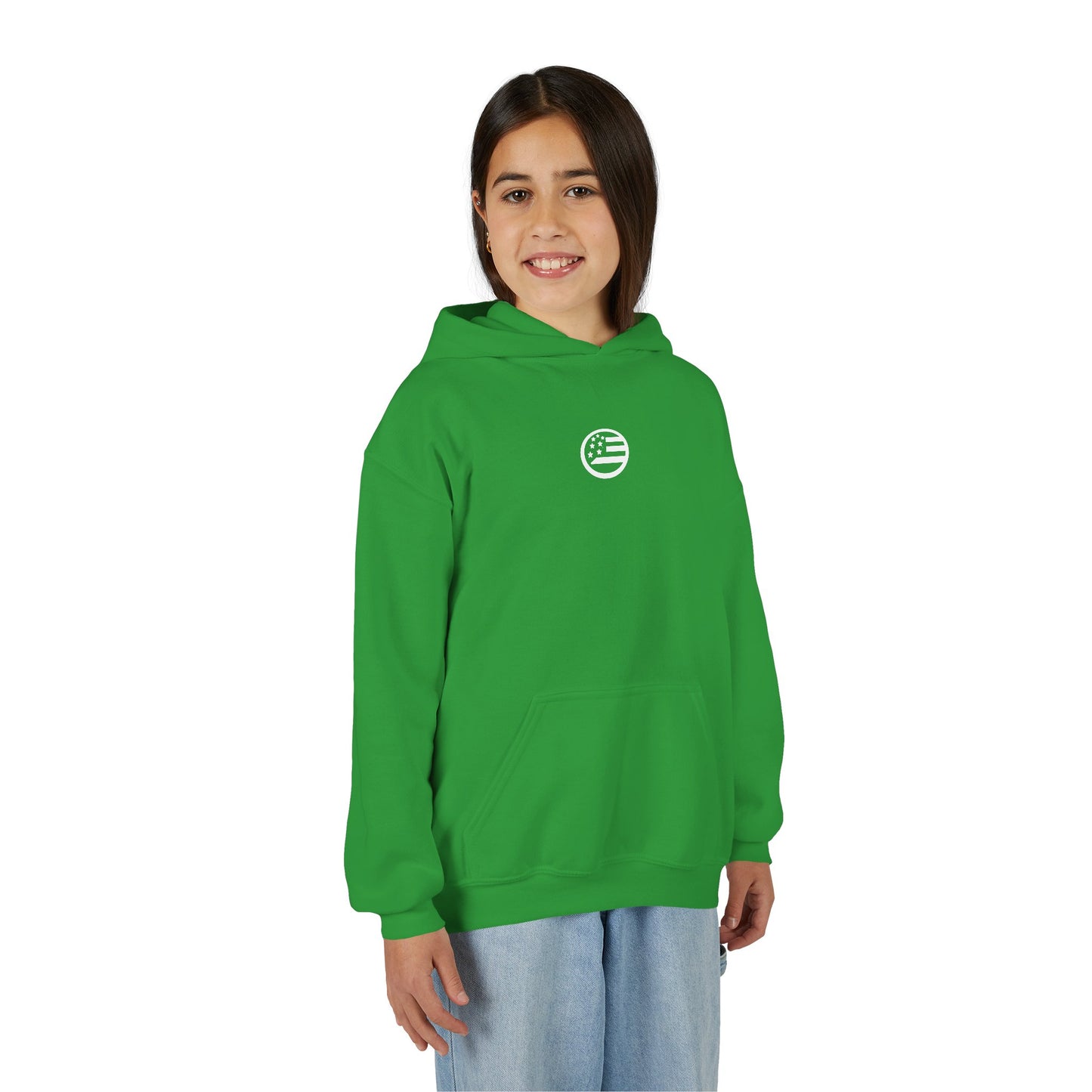 Youth Hoodie — "Rooted & Free" Script Back Design (Small Chest Logo)