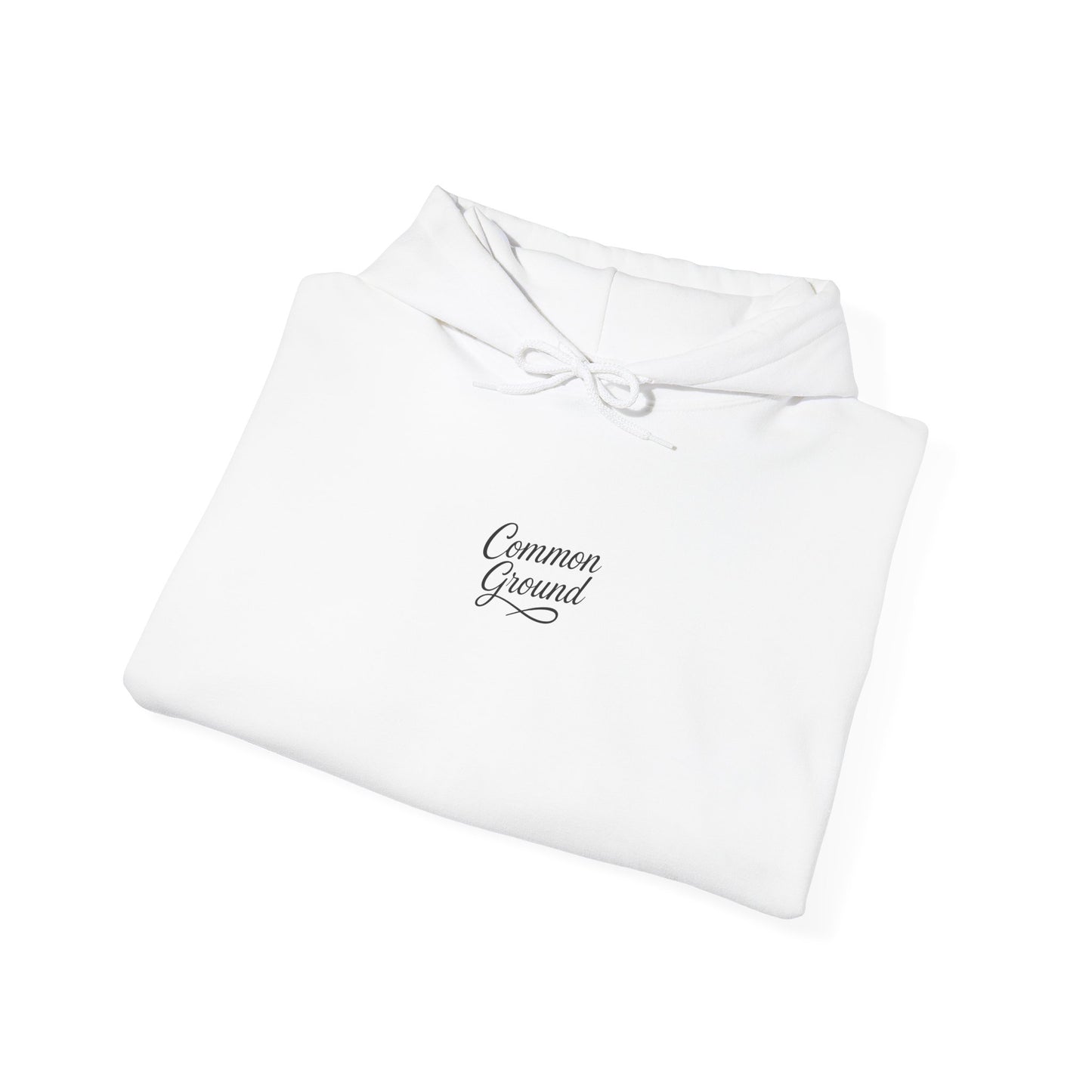 Common Ground Minimalist Logo Hoodie — White Pullover with Sleeve Emblem