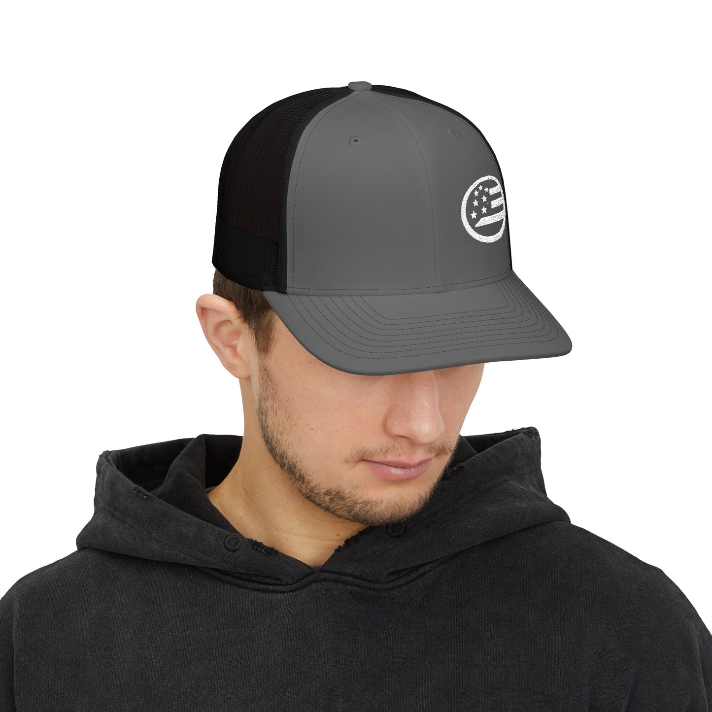American Flag Circle Embroidered Trucker Hat — Snapback Mesh Cap