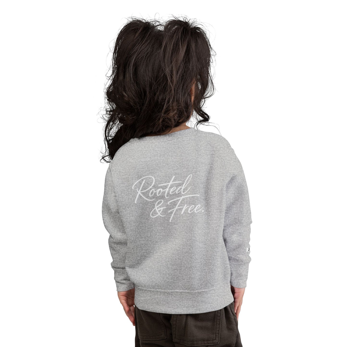 Rooted & Free Toddler Sweatshirt — Grey Cozy Crew with Script Back