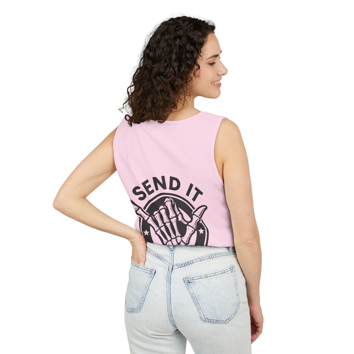 Send It Tank Top — Skeleton Shaka Back Graphic, "No Victory Without Sacrifice"