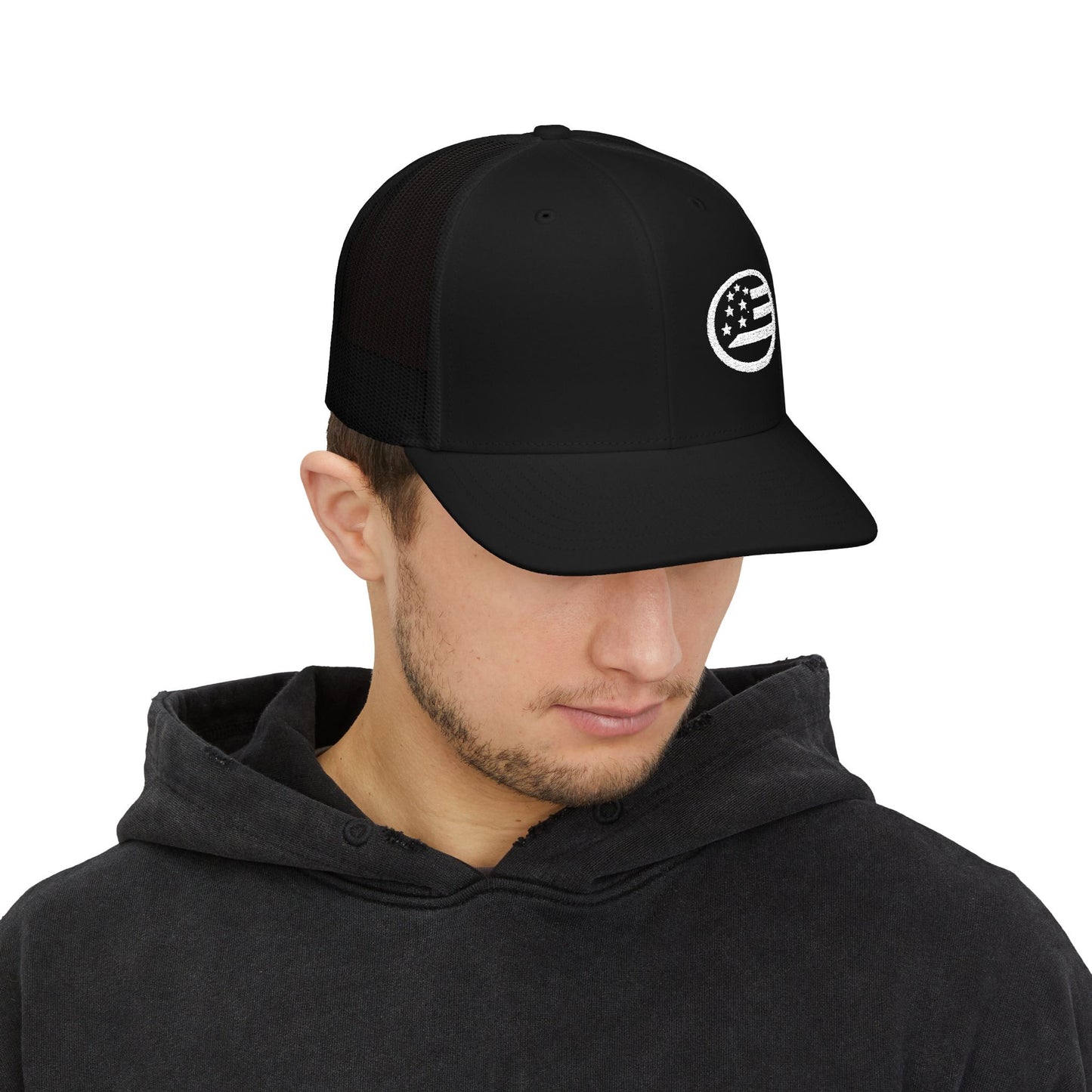 American Flag Circle Embroidered Trucker Hat — Snapback Mesh Cap