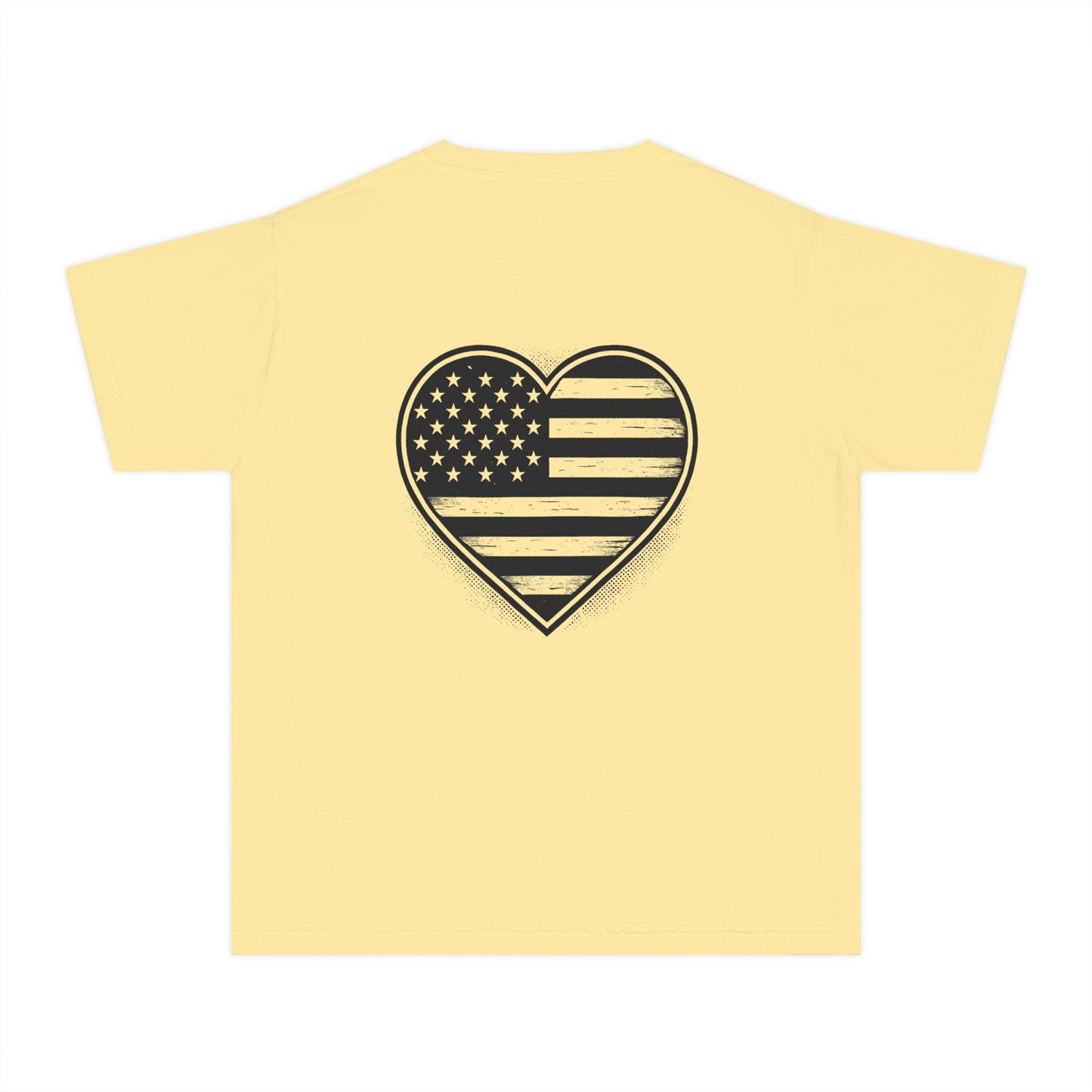Youth Tee — 'ROOTS' Front Logo & Distressed American Flag Heart Back