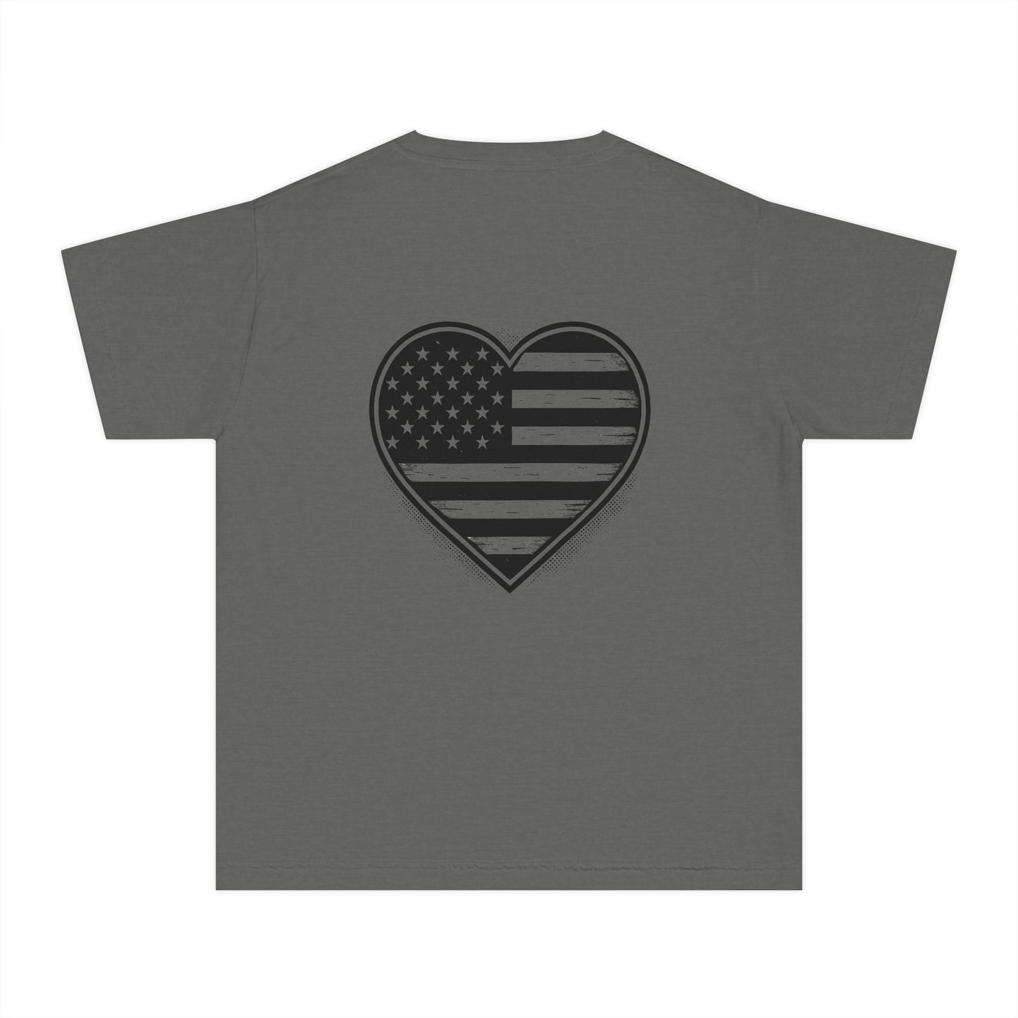Youth Tee — 'ROOTS' Front Logo & Distressed American Flag Heart Back