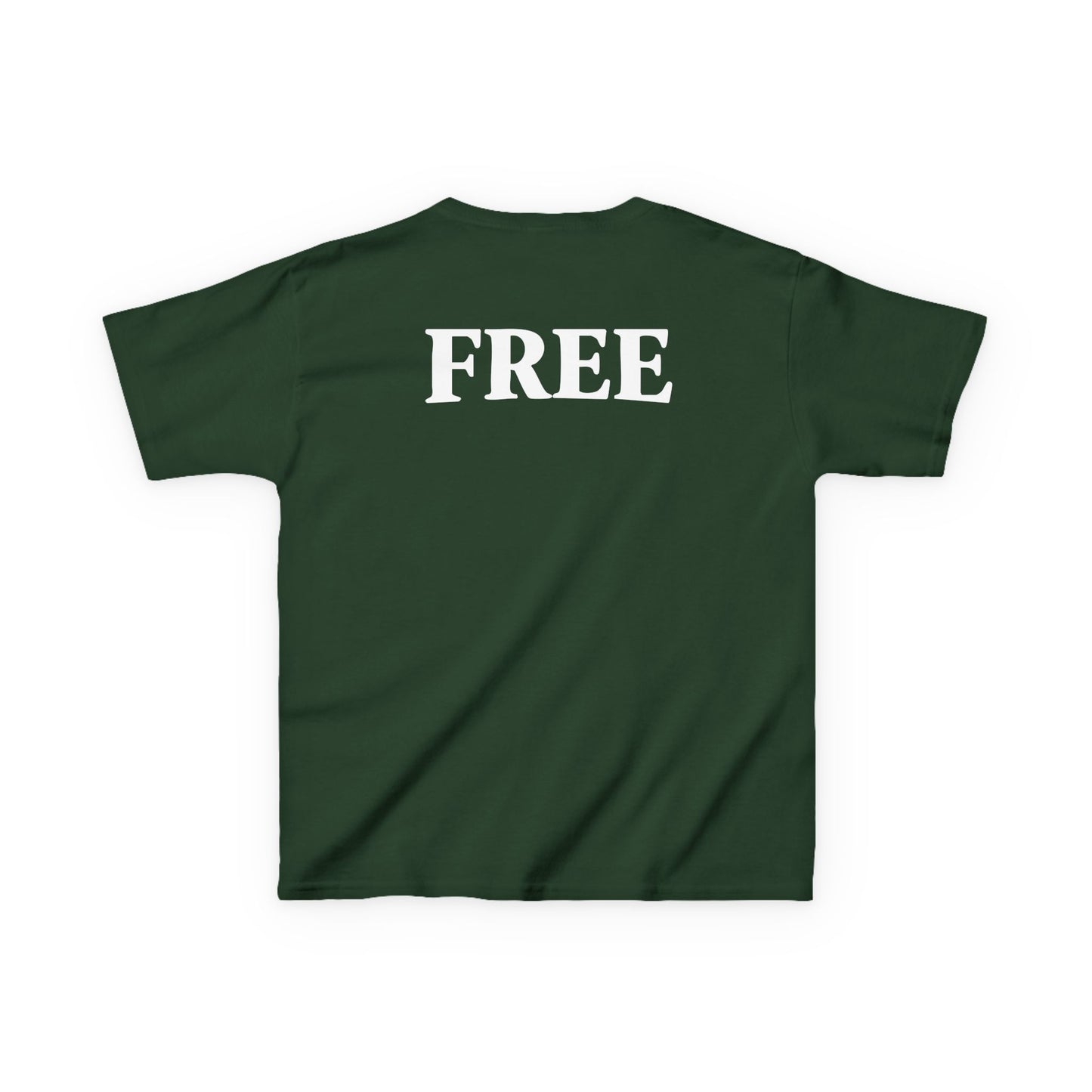 Kids Tee — 'ROOTS' Front / 'FREE' Back Forest Green Graphic Shirt