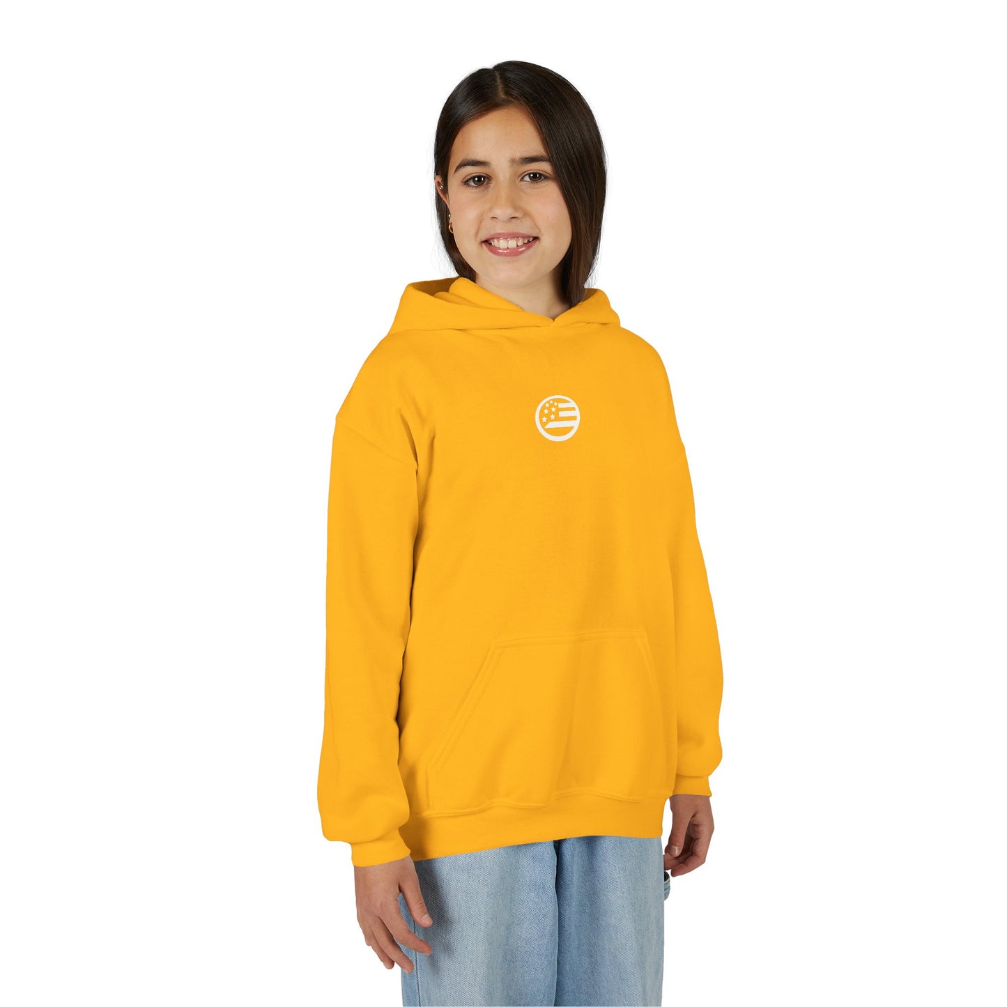 Youth Hoodie — "Rooted & Free" Script Back Design (Small Chest Logo)