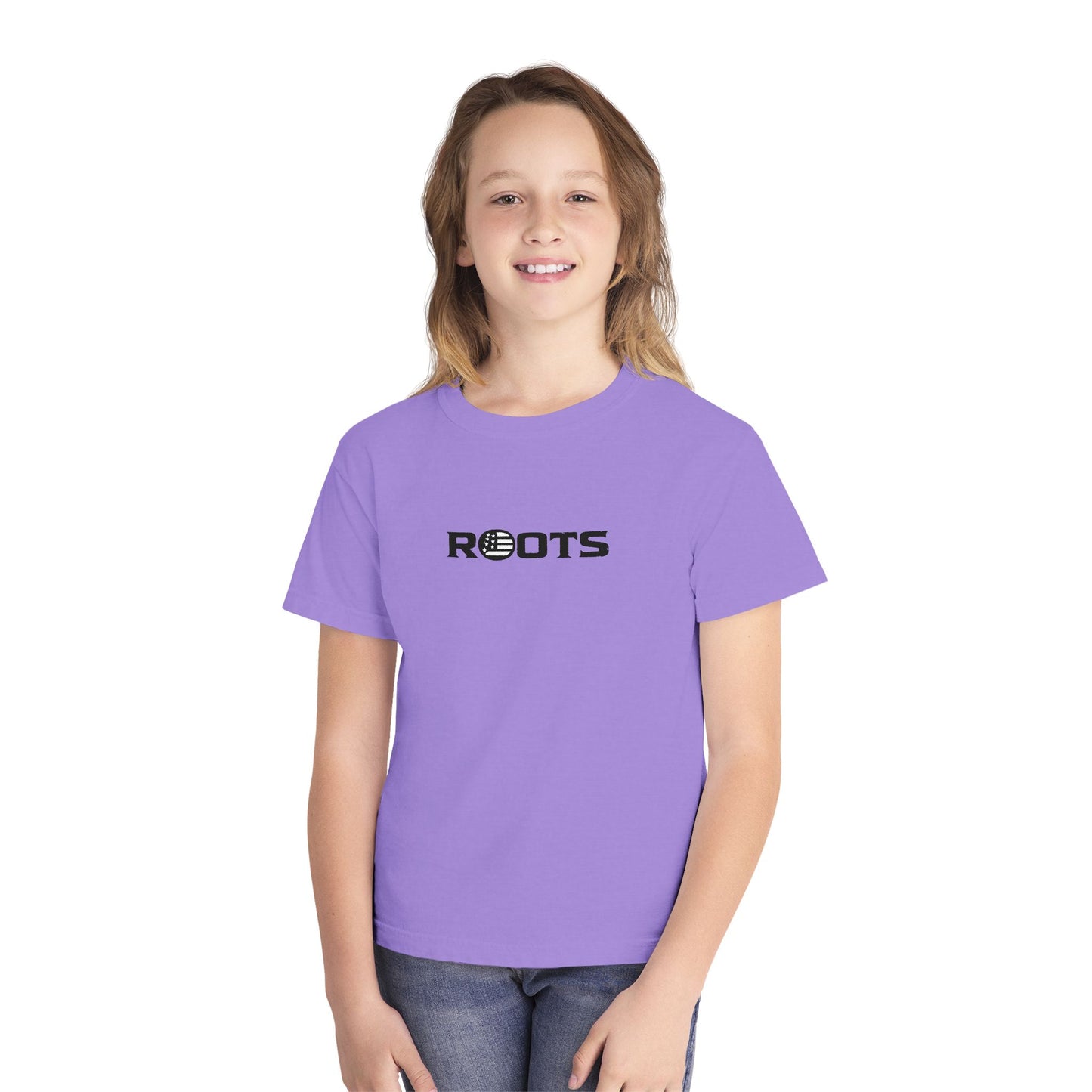 Youth Tee — 'ROOTS' Front Logo & Distressed American Flag Heart Back