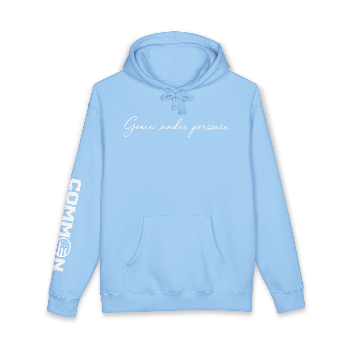 Grace Under Pressure Hoodie — 'Grace under pressure' Script Pullover with CommOn/Ground Sleeve Graphics