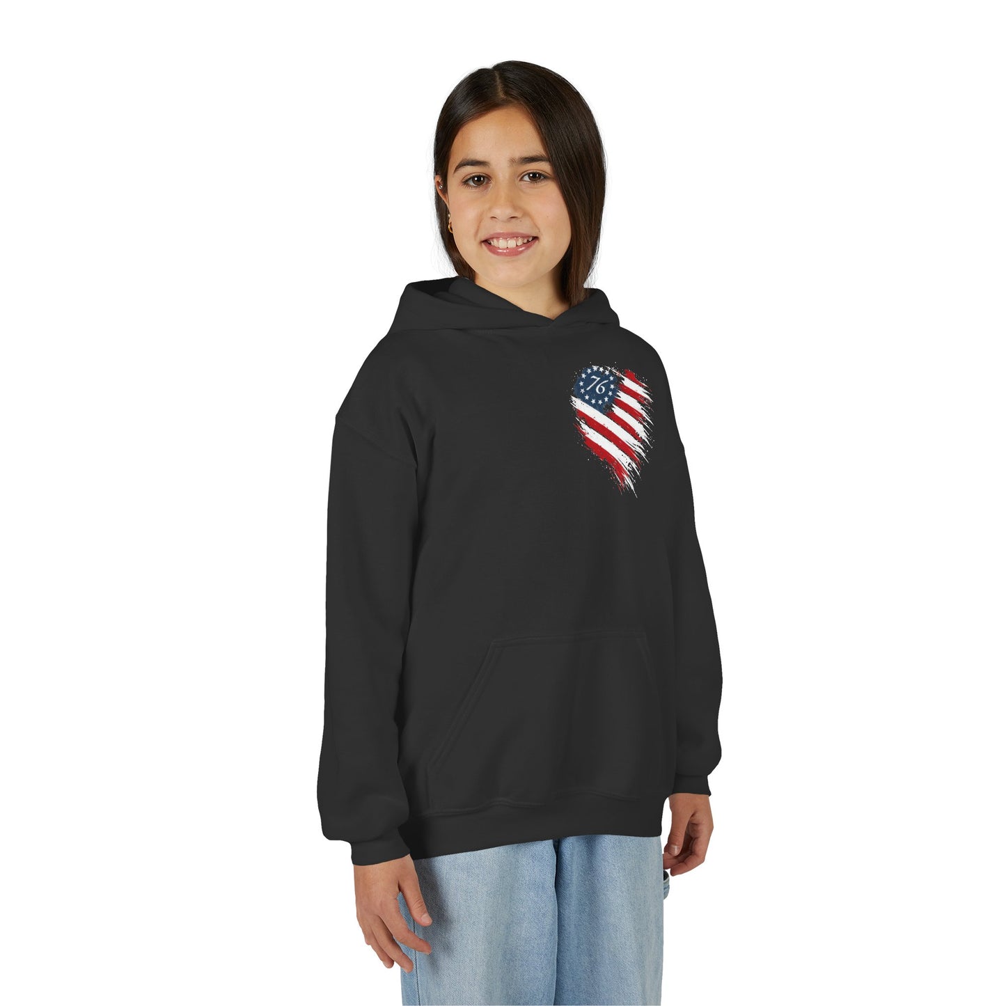 Youth Hoodie - Distressed American Flag Heart Patriotic Sweatshirt