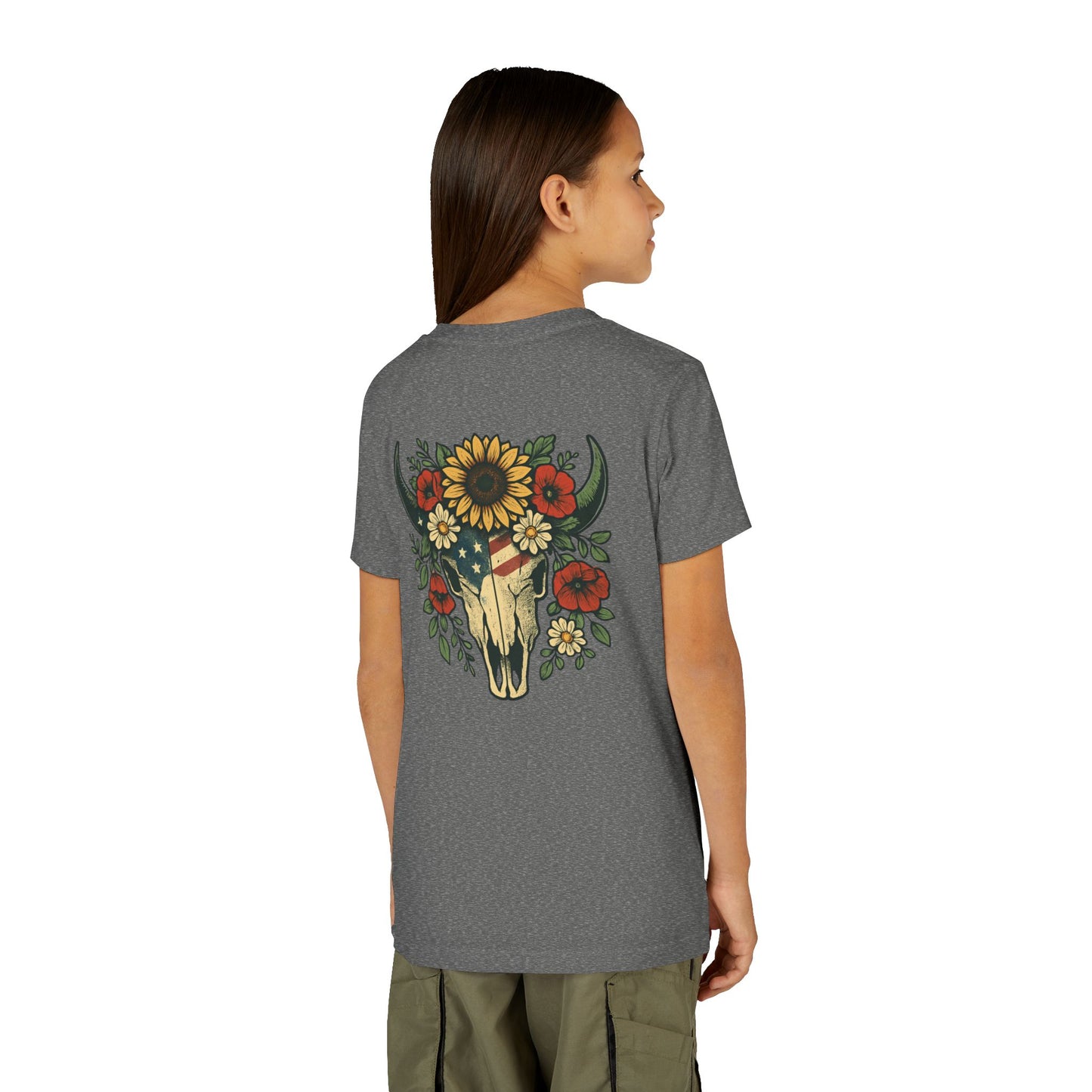 Youth Tee — Floral Bull Skull Graphic "Roots" Backprint