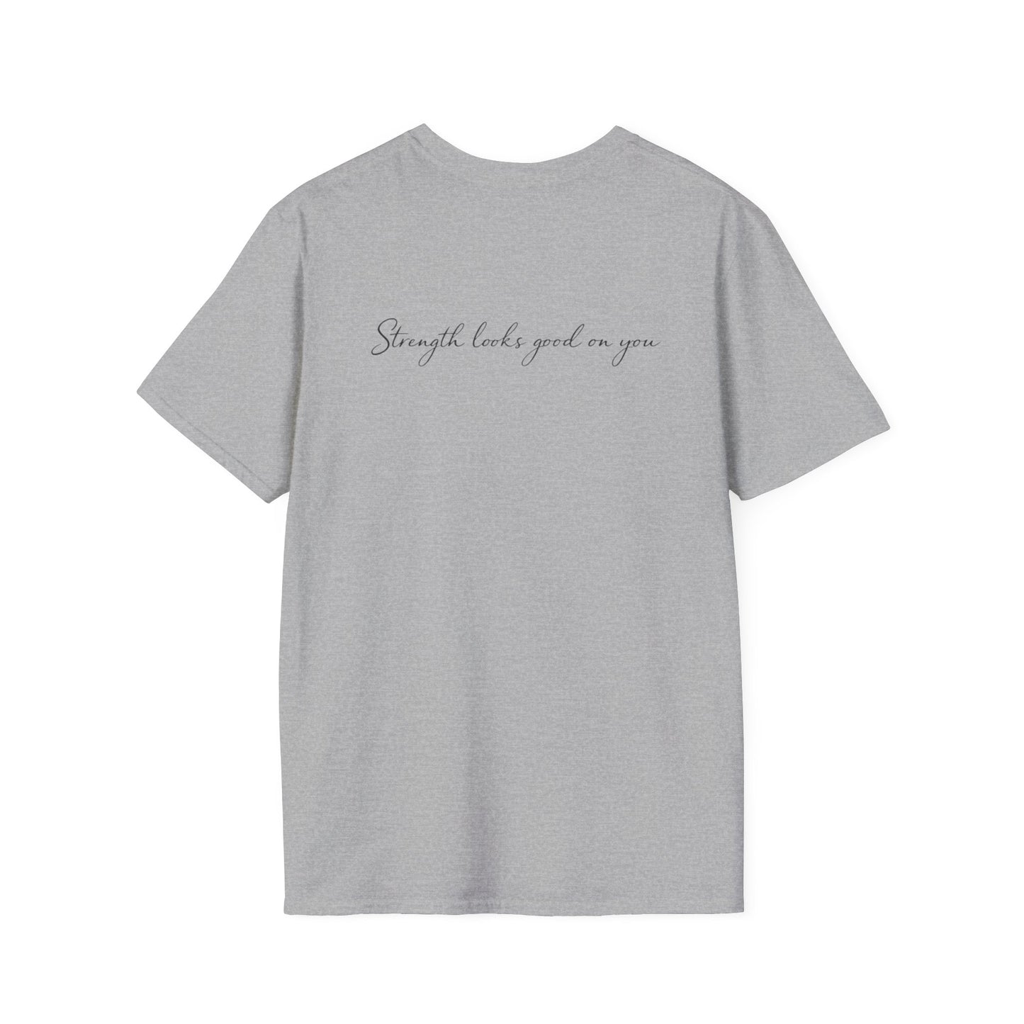T-Shirt — "Common Ground" Minimal Script Tee (Back: "Strength looks good on you")