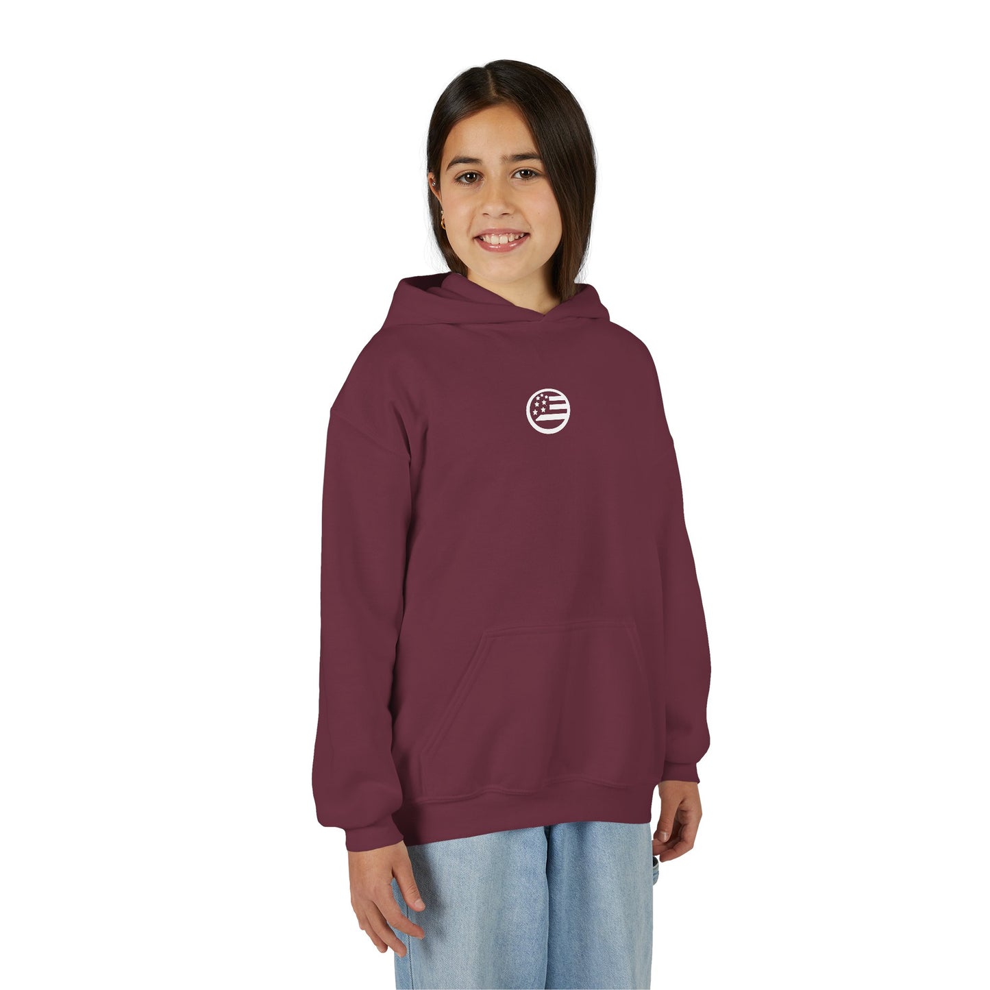 Youth Hoodie — "Rooted & Free" Script Back Design (Small Chest Logo)
