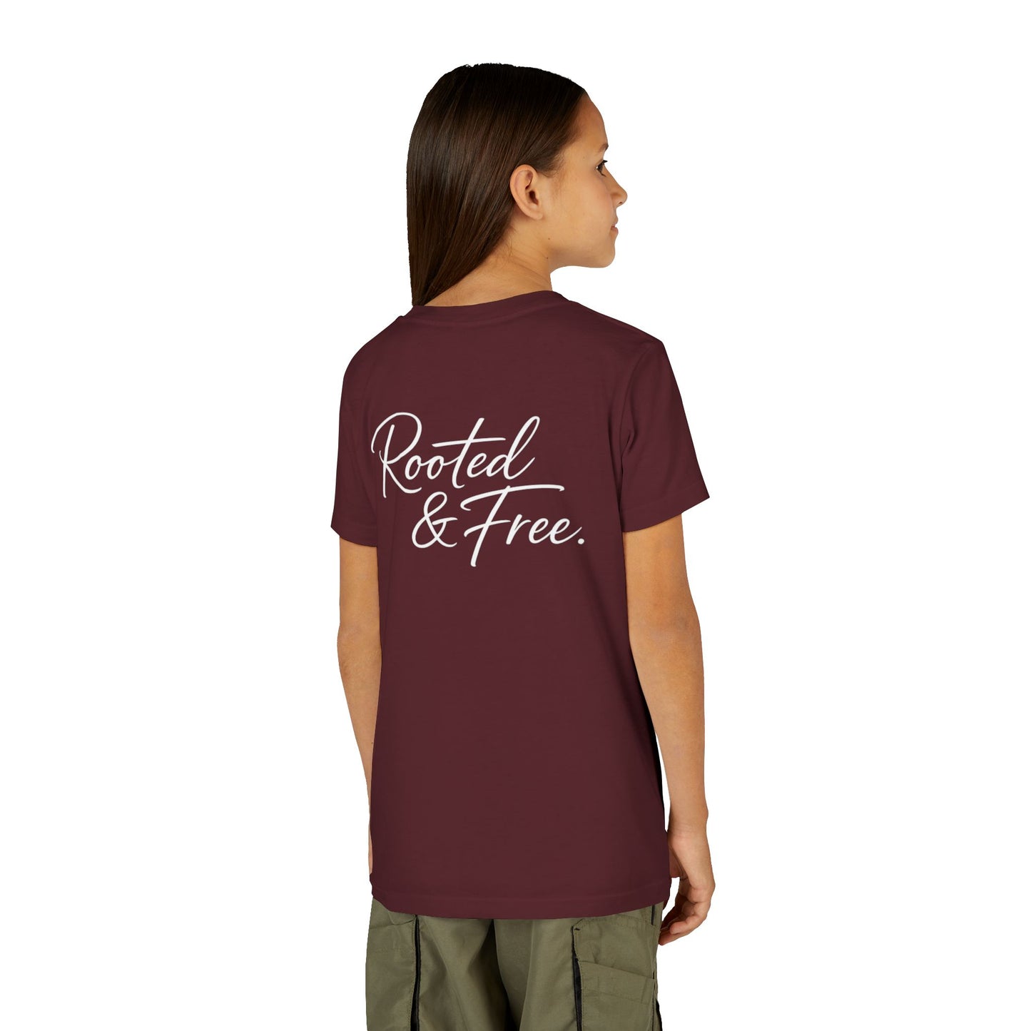 Youth Tee — "Rooted & Free" Script Back with Mini Crest Front