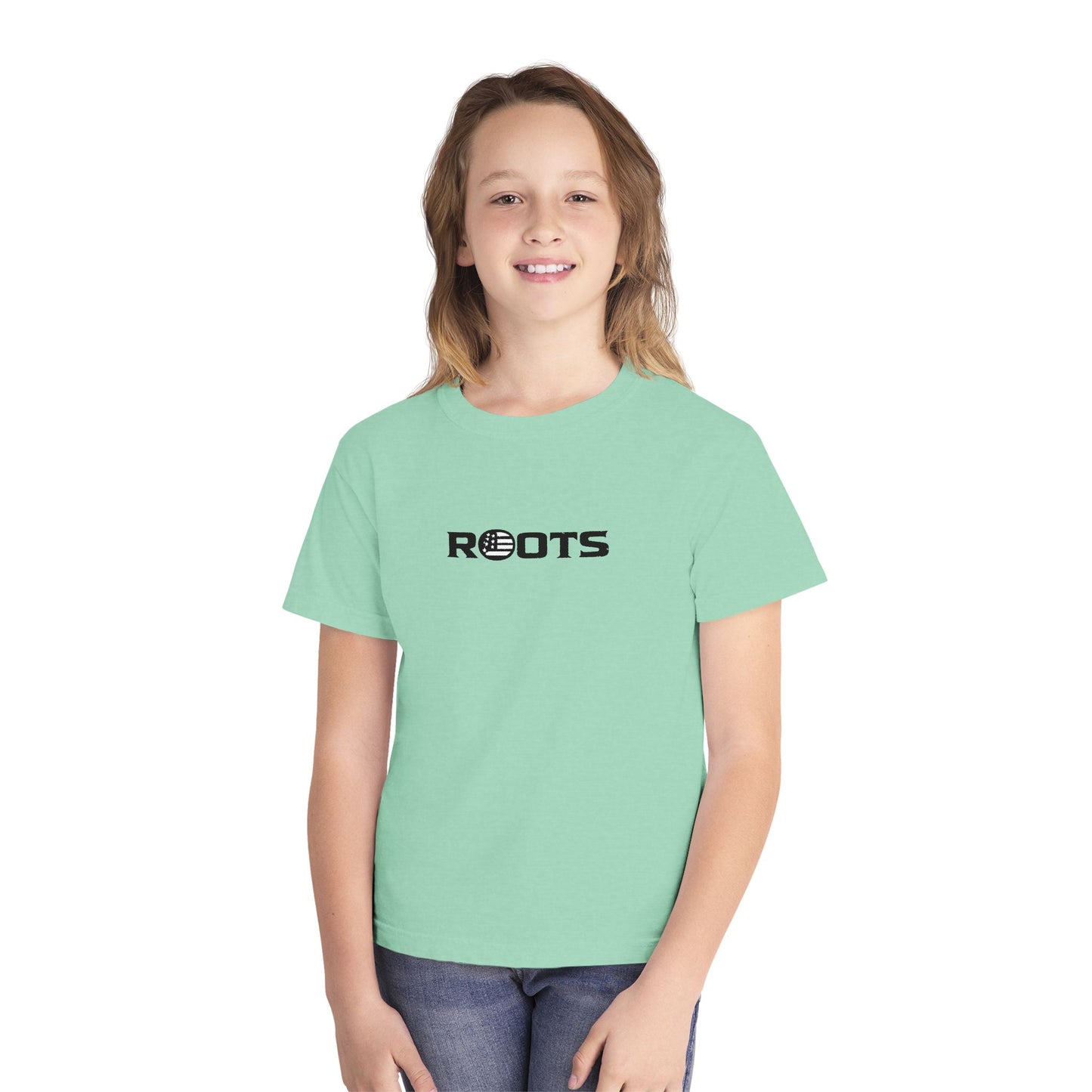 Youth Tee — 'ROOTS' Front Logo & Distressed American Flag Heart Back