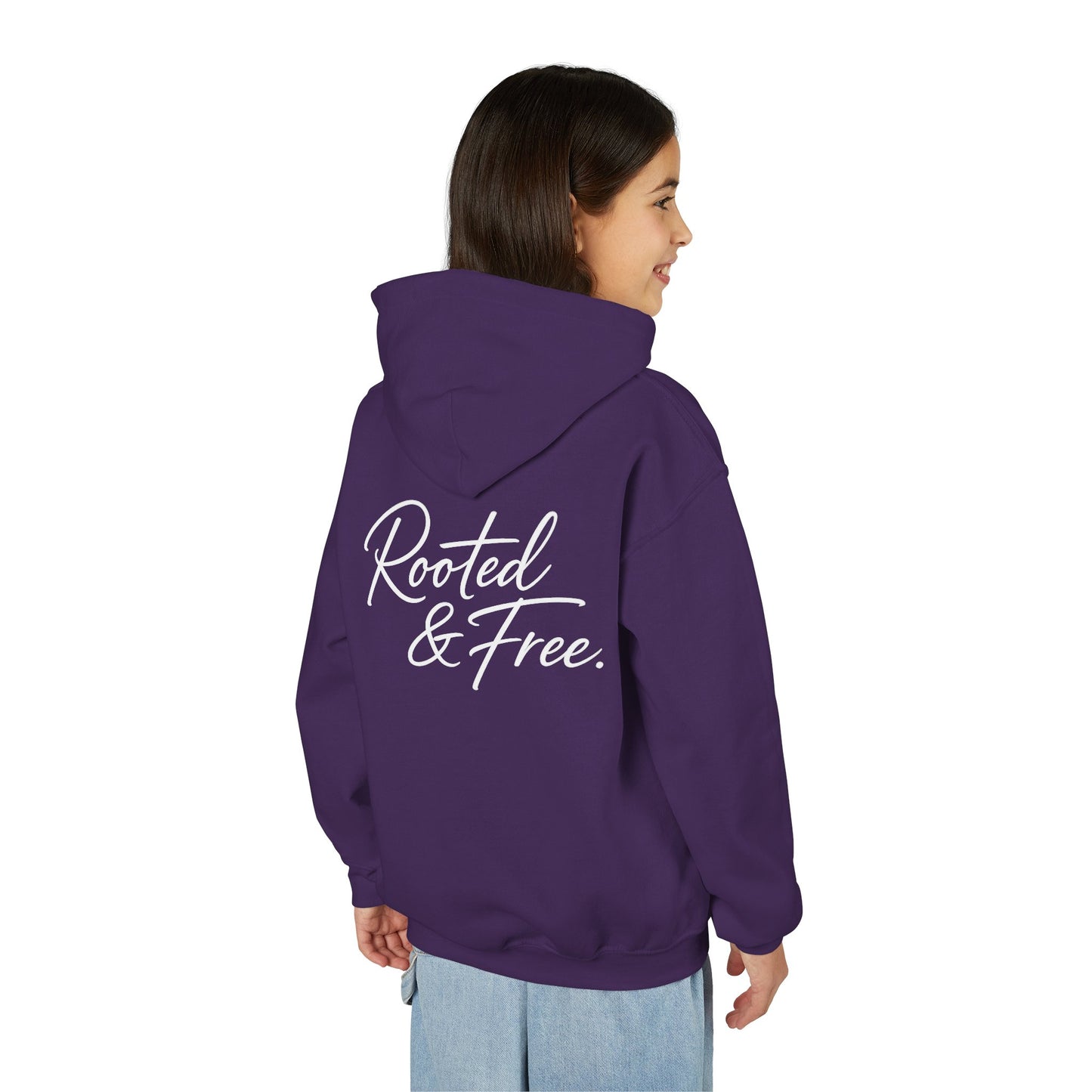 Youth Hoodie — "Rooted & Free" Script Back Design (Small Chest Logo)