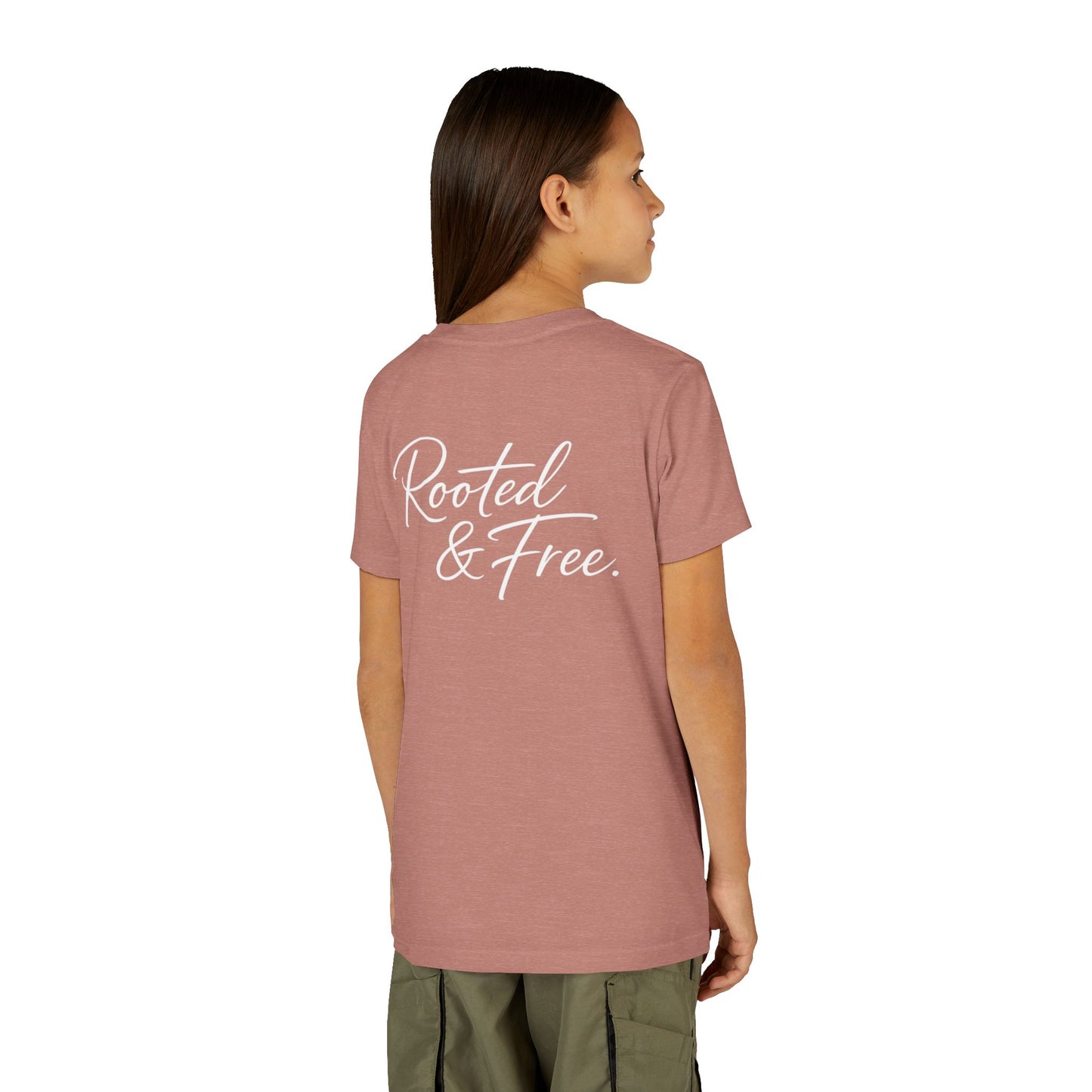 Youth Tee — "Rooted & Free" Script Back with Mini Crest Front