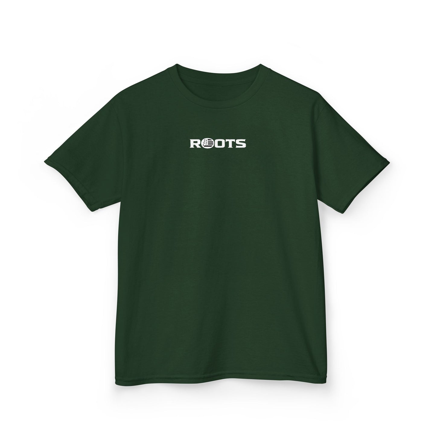 Kids Tee — 'ROOTS' Front / 'FREE' Back Forest Green Graphic Shirt