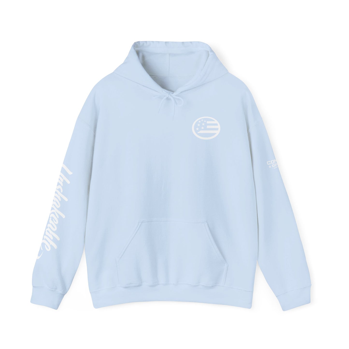 Hoodie — Black Americana Flag Logo Pullover with Script Sleeve