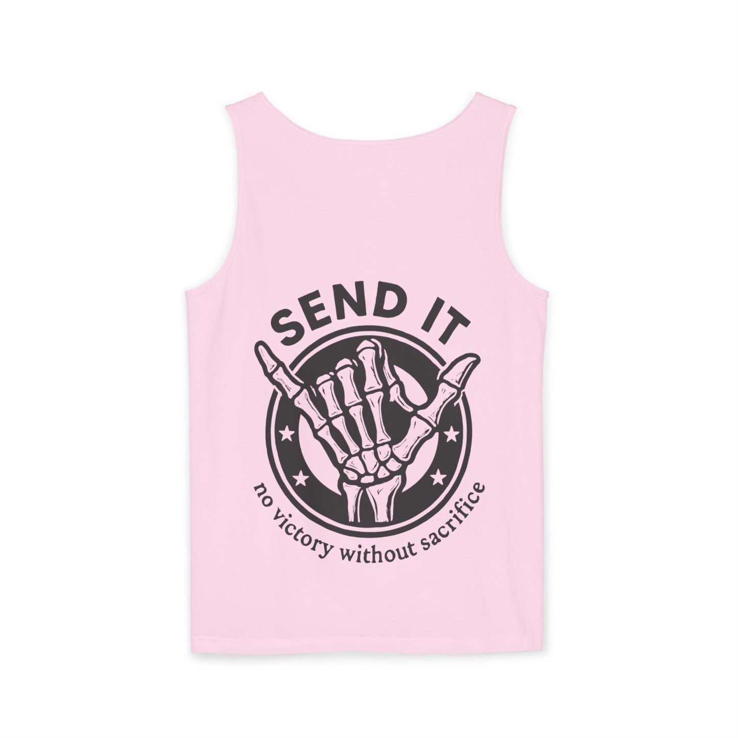 Send It Tank Top — Skeleton Shaka Back Graphic, "No Victory Without Sacrifice"