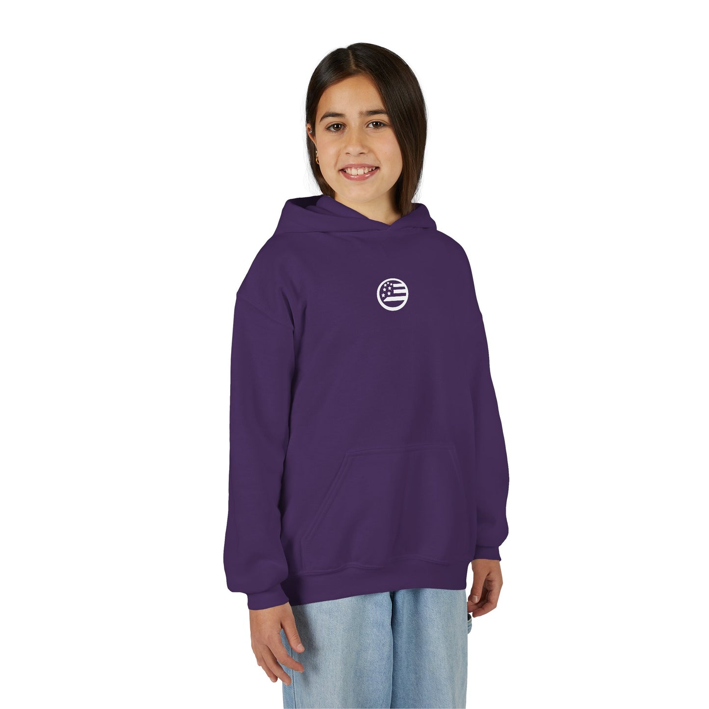 Youth Hoodie — "Rooted & Free" Script Back Design (Small Chest Logo)