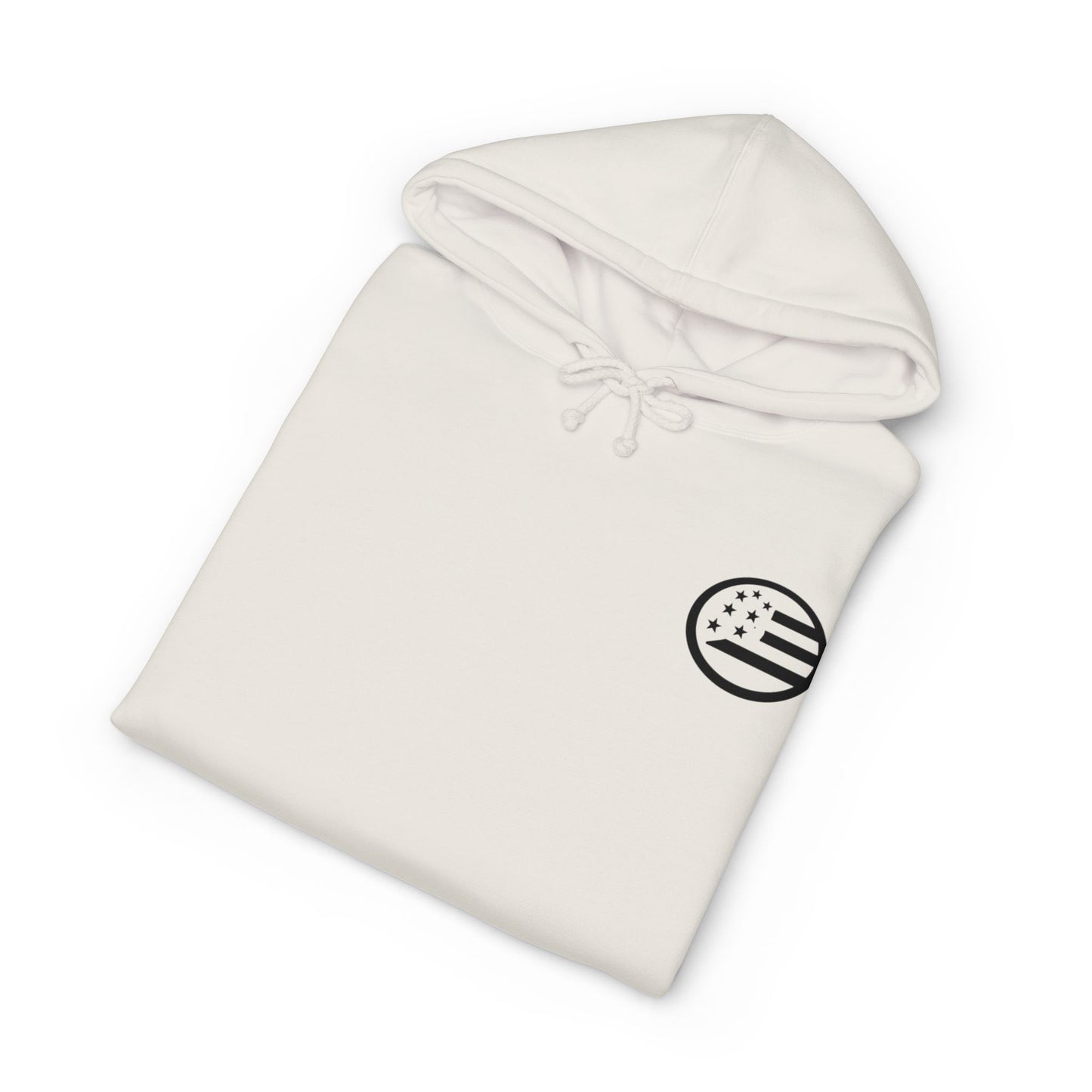 Common Apparel White Hoodie — Flag Patch Chest & Sleeve Logo Pullover