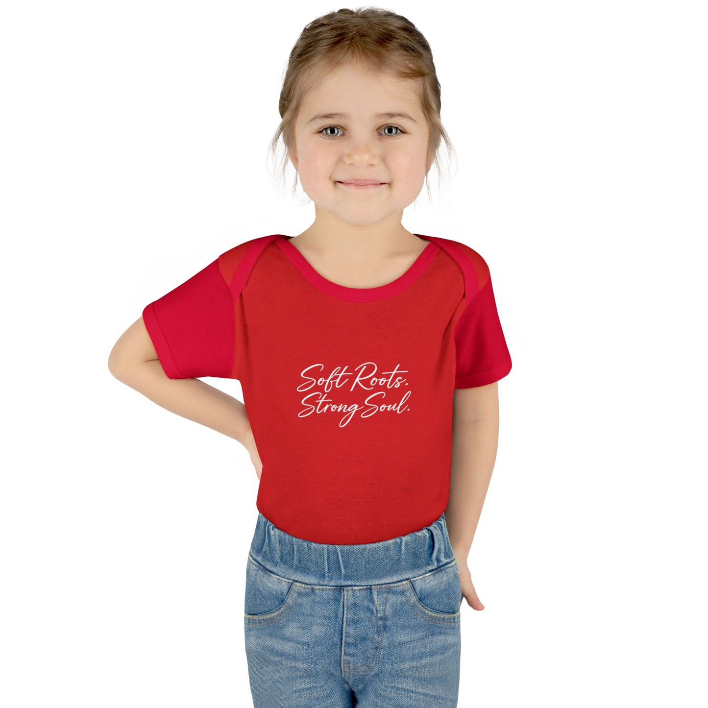 Infant Bodysuit — "Soft Roots. Strong Soul." Script Baby Onesie (Earthy Brown)