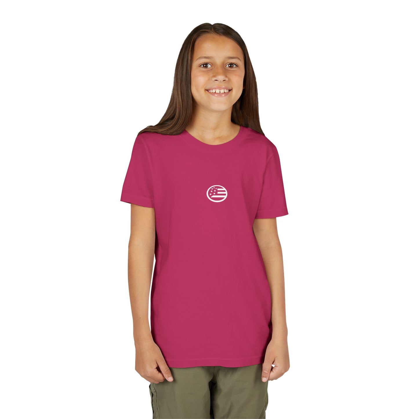 Youth Tee — "Rooted & Free" Script Back with Mini Crest Front
