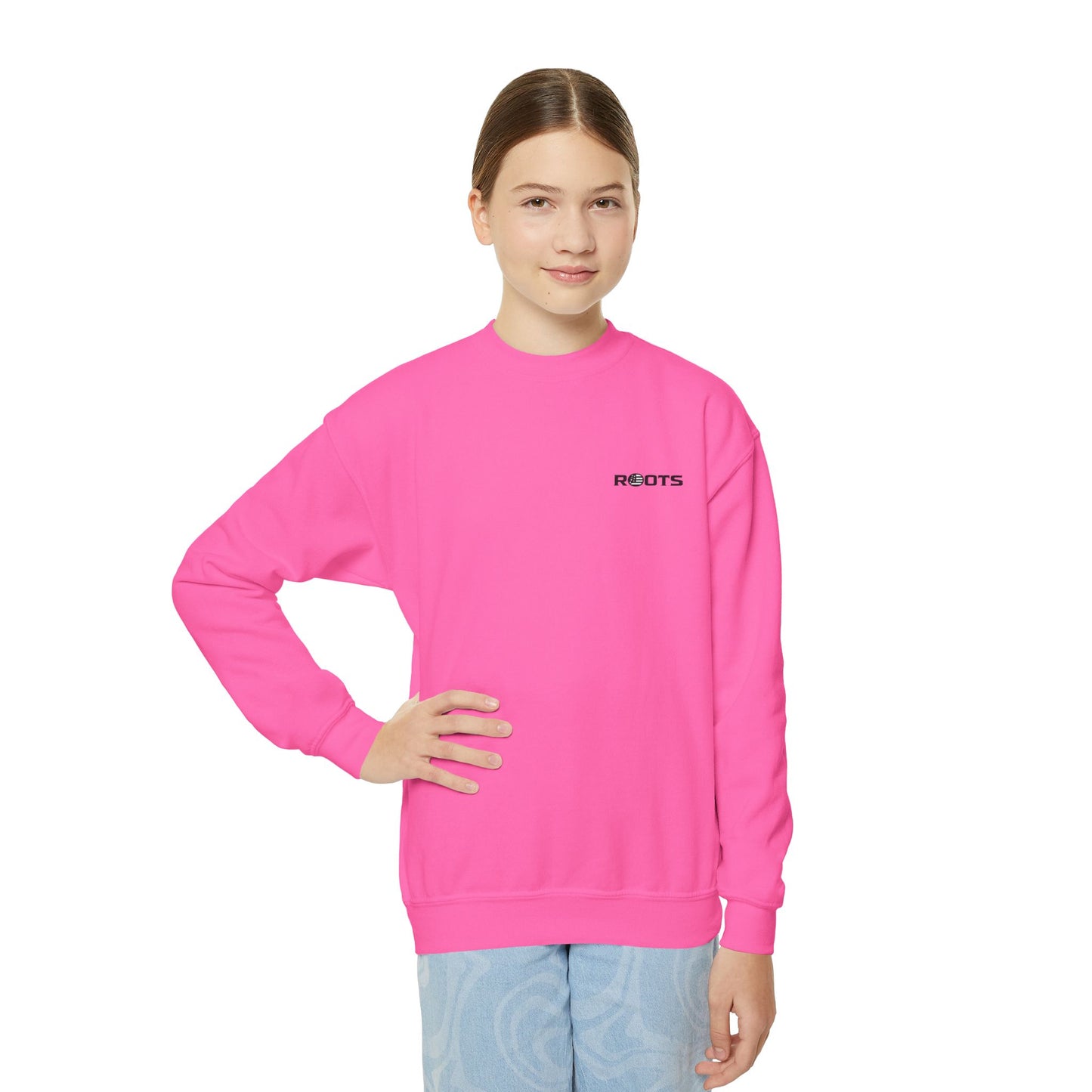 Youth Crewneck Sweatshirt — Black & White American Flag Heart Graphic