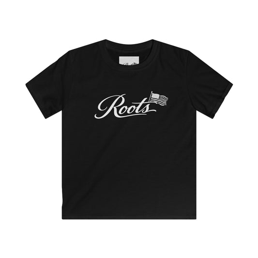 Kids Tee — "Roots" Script with Flag Graphic | Patriotic Youth T‑Shirt