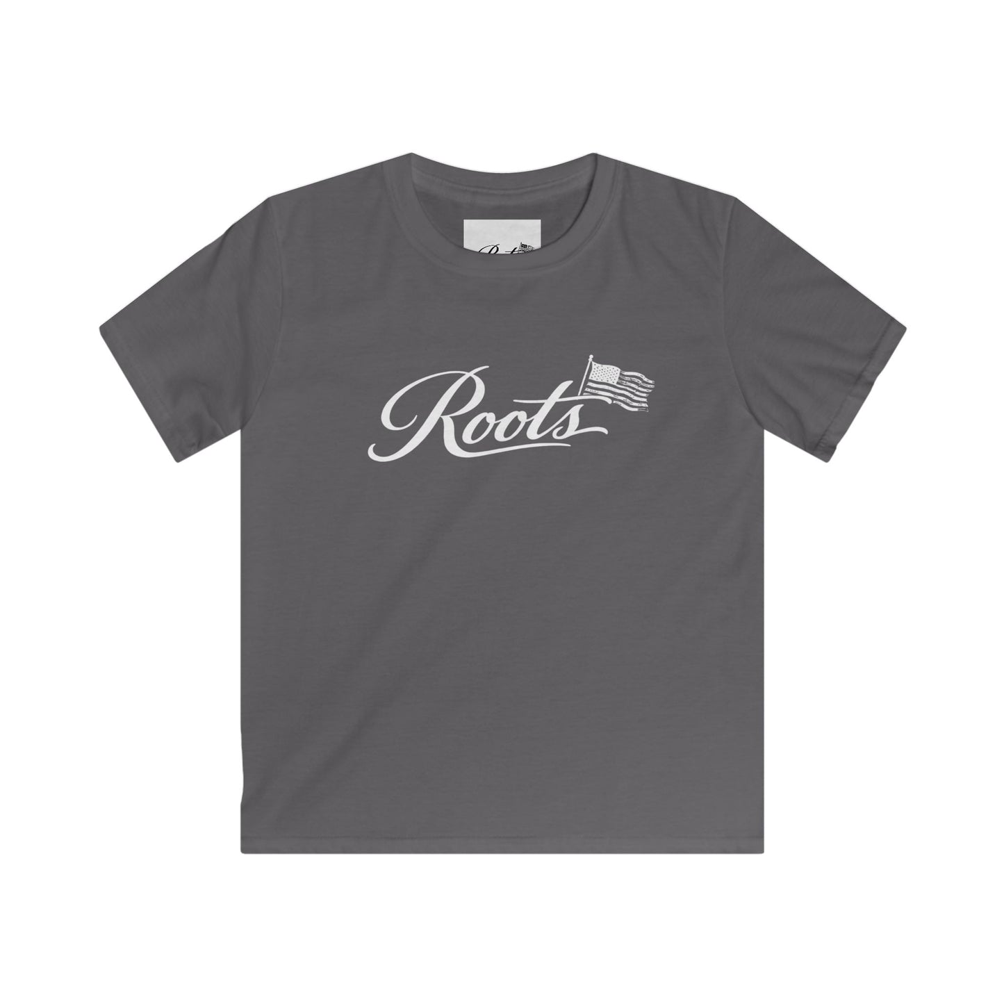 Kids Tee — "Roots" Script with Flag Graphic | Patriotic Youth T‑Shirt