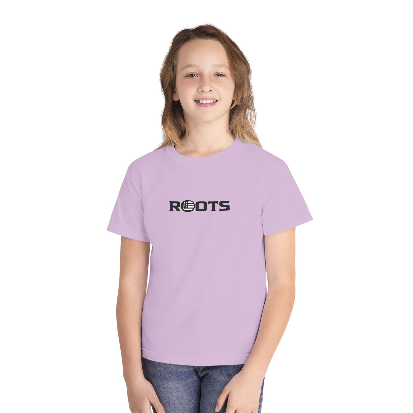 Youth Tee — 'ROOTS' Front Logo & Distressed American Flag Heart Back